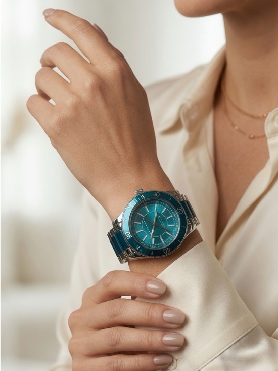 Anne Klein Accessories - Anne Klein Teal Blue Dial & Enamel Link Silver Tone Sport Bracelet Watch